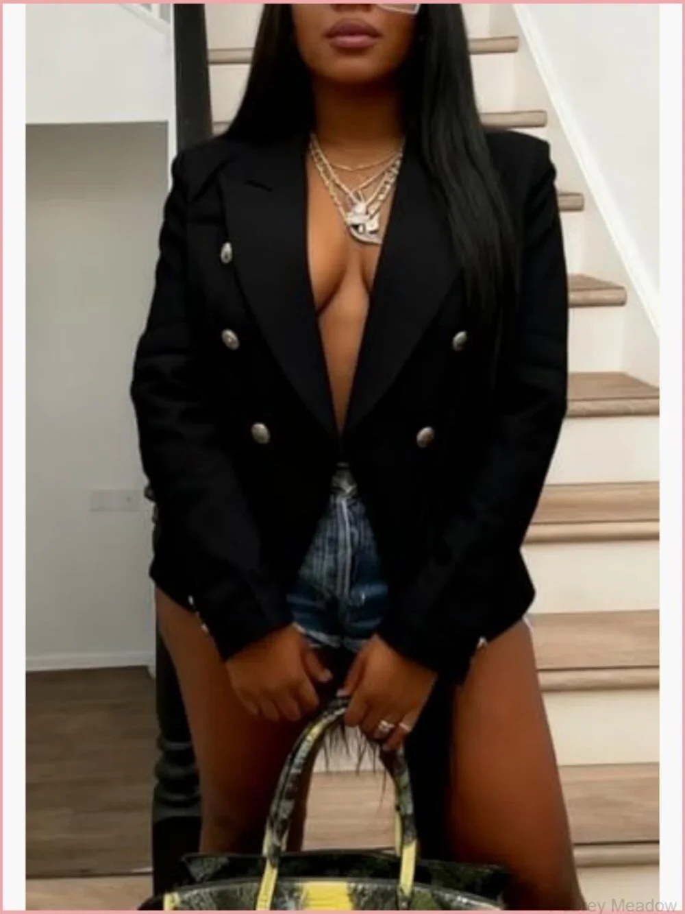 Long Sleeve Double Breasted Cropped Blazer Jacket with Pockets